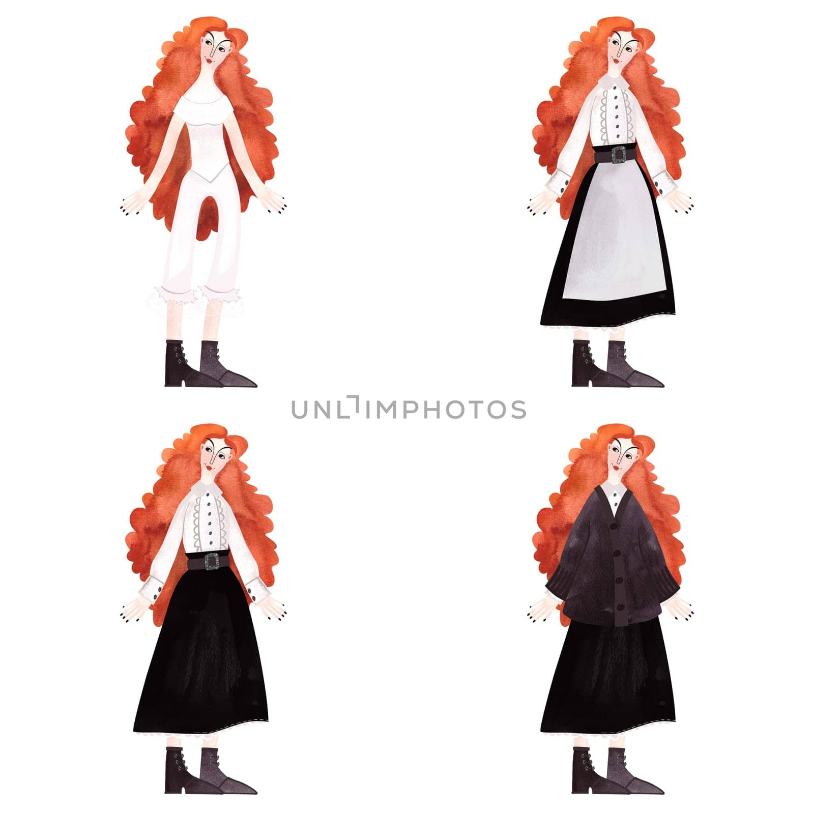 Set of red-haired curly girl with long hair in casual old-fashioned clothes. Watercolor hand drawn isolated illustration on white background. Character.