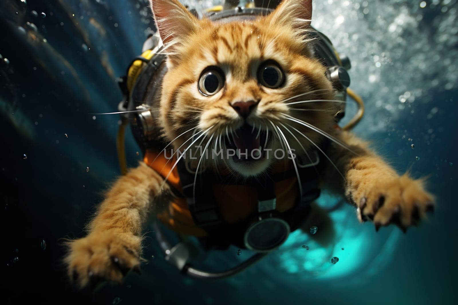 A red cat is diving underwater. Funny photo of a cat.