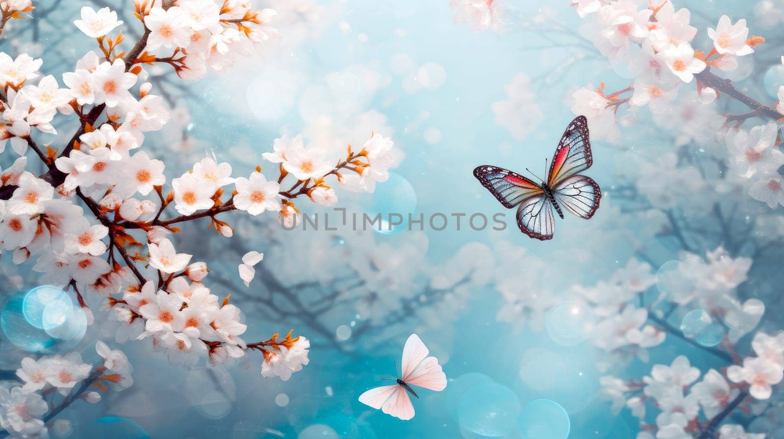 Abstract natural spring background with butterflies and blue, sky blue meadow flowers closeup. Colorful artistic image with soft focus and beautiful bokeh in summer spring