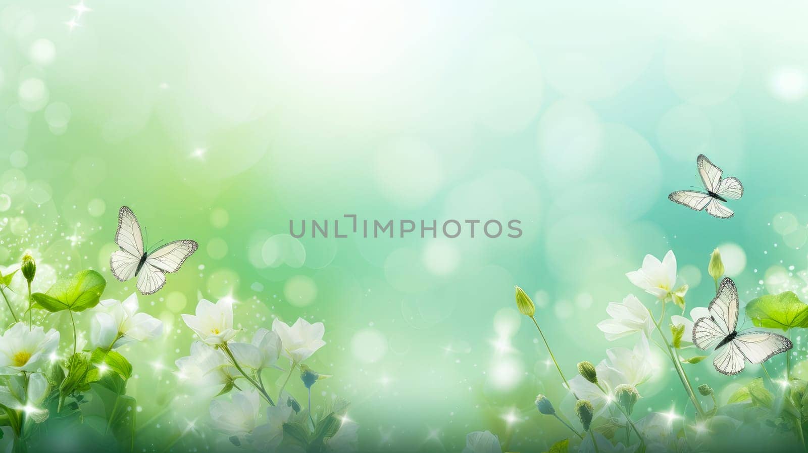 Abstract natural spring background with butterflies and light green meadow flowers close-up. Colorful artistic image with soft focus and beautiful bokeh in summer spring