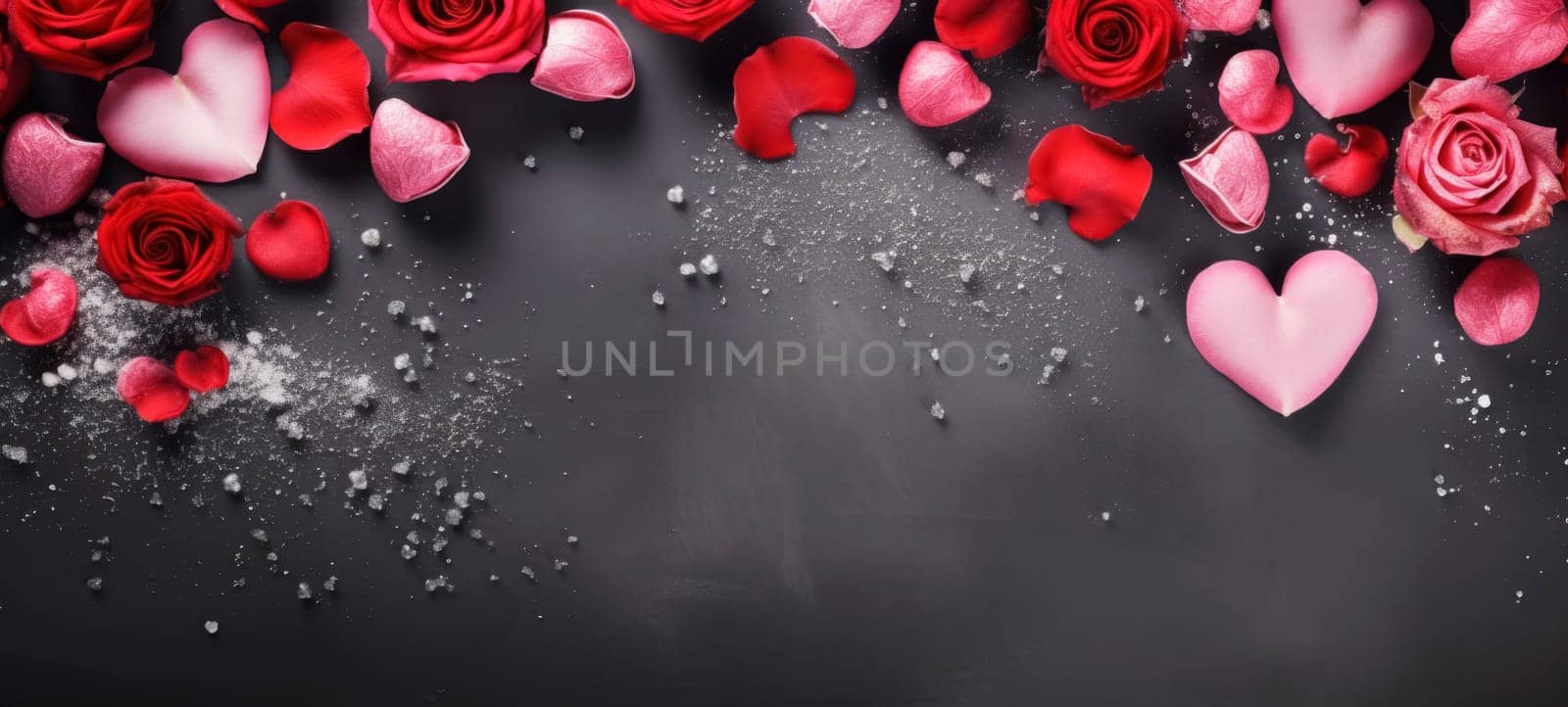 Roses, petals and hearts on a dark background with copy space by andreyz