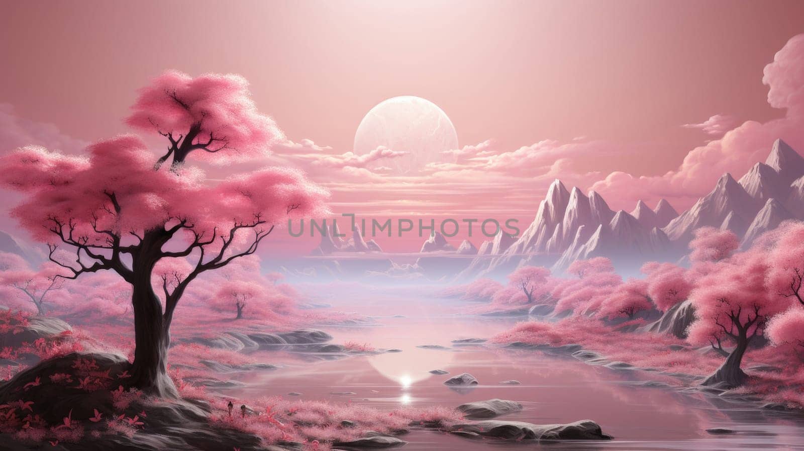 Surreal forest landscape pink trees among mountain valley and wide river, sunrise and moon on sky