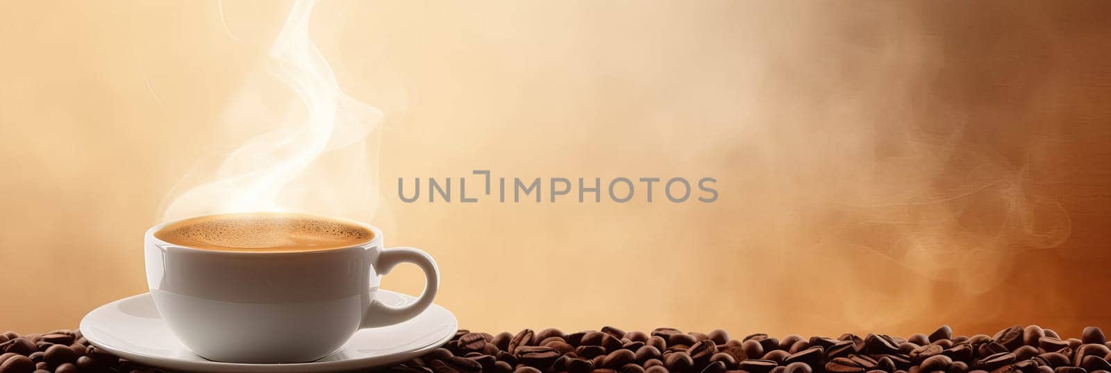 Cup of hot coffee with coffee beans on brown background.Long photo banner for website header design with copy space. Cafe menu concept idea background