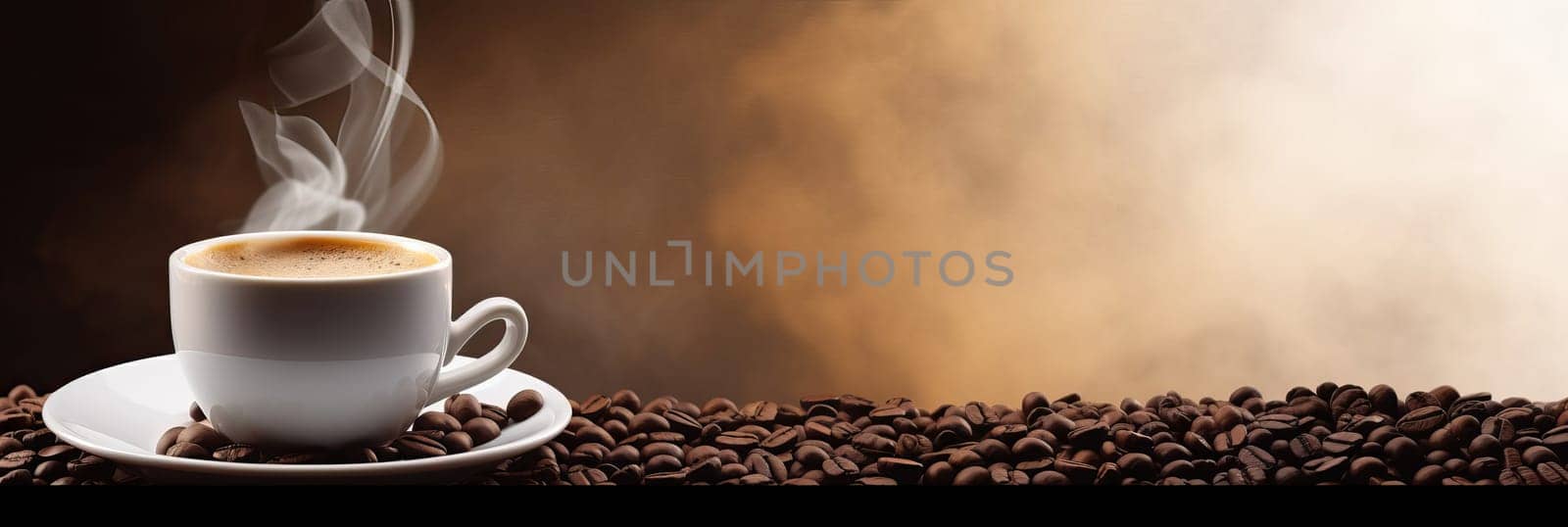 Cup of hot coffee with coffee beans on brown background.Long photo banner for website header design with copy space. Cafe menu concept idea background