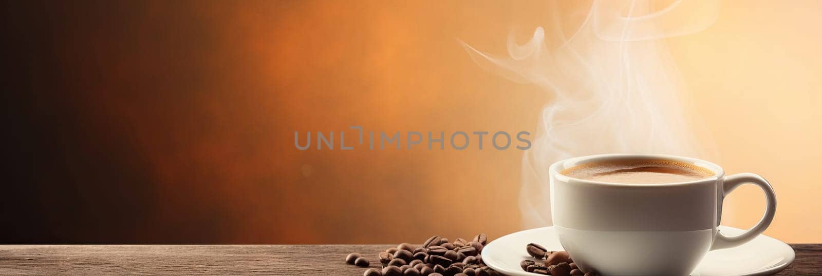 Cup of hot coffee with coffee beans on brown background.Long photo banner for website header design with copy space. Cafe menu concept idea background