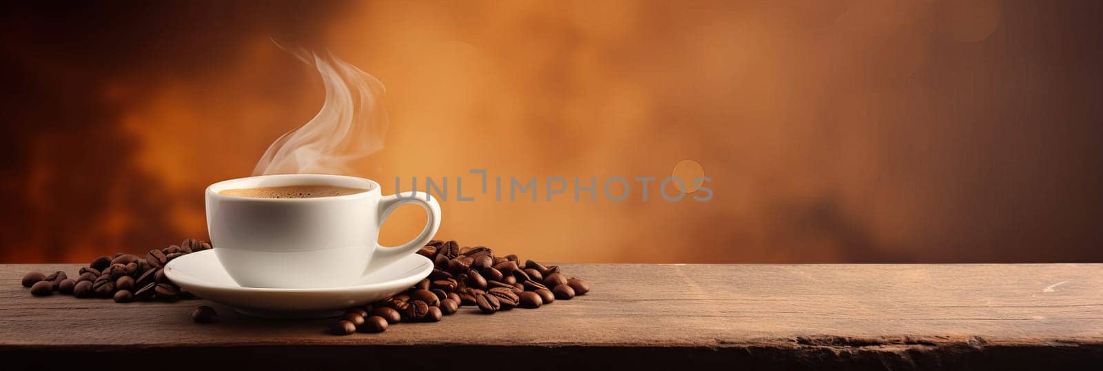 Cup of hot coffee with coffee beans on brown background.Long photo banner for website header design with copy space. Cafe menu concept idea background