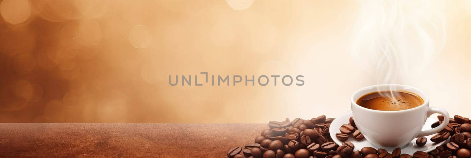 Cup of hot coffee with coffee beans on brown background.Long photo banner for website header design with copy space. Cafe menu concept idea background