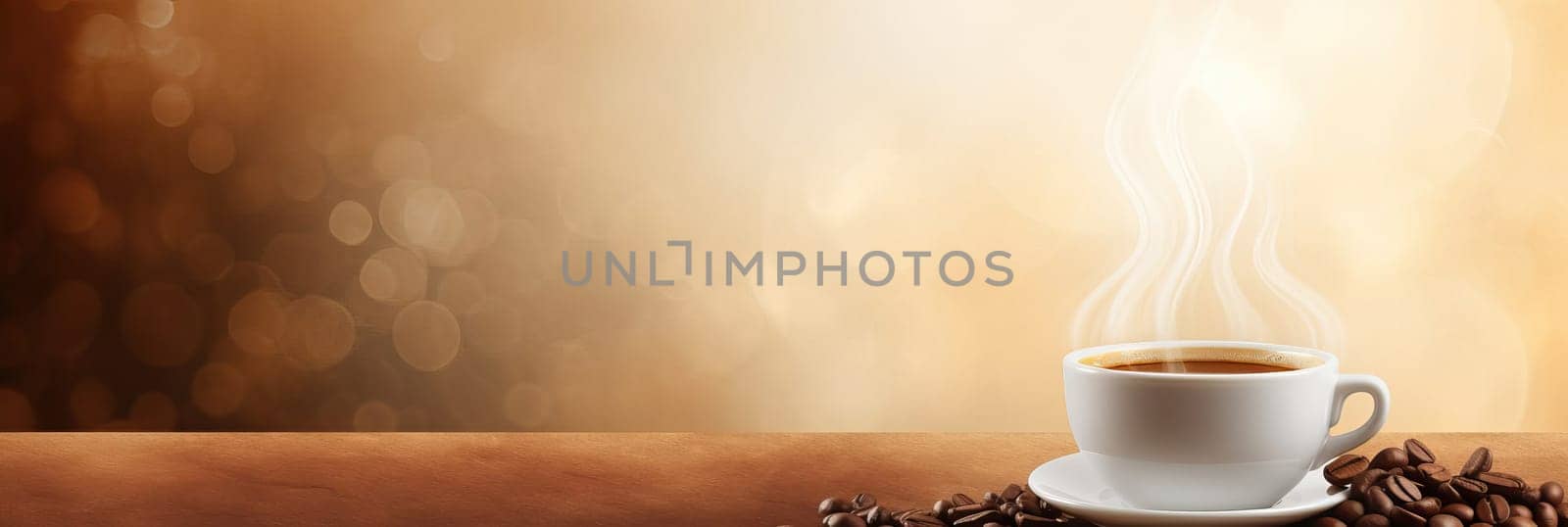 Cup of hot coffee with coffee beans on brown background.Long photo banner for website header design with copy space. Cafe menu concept idea background