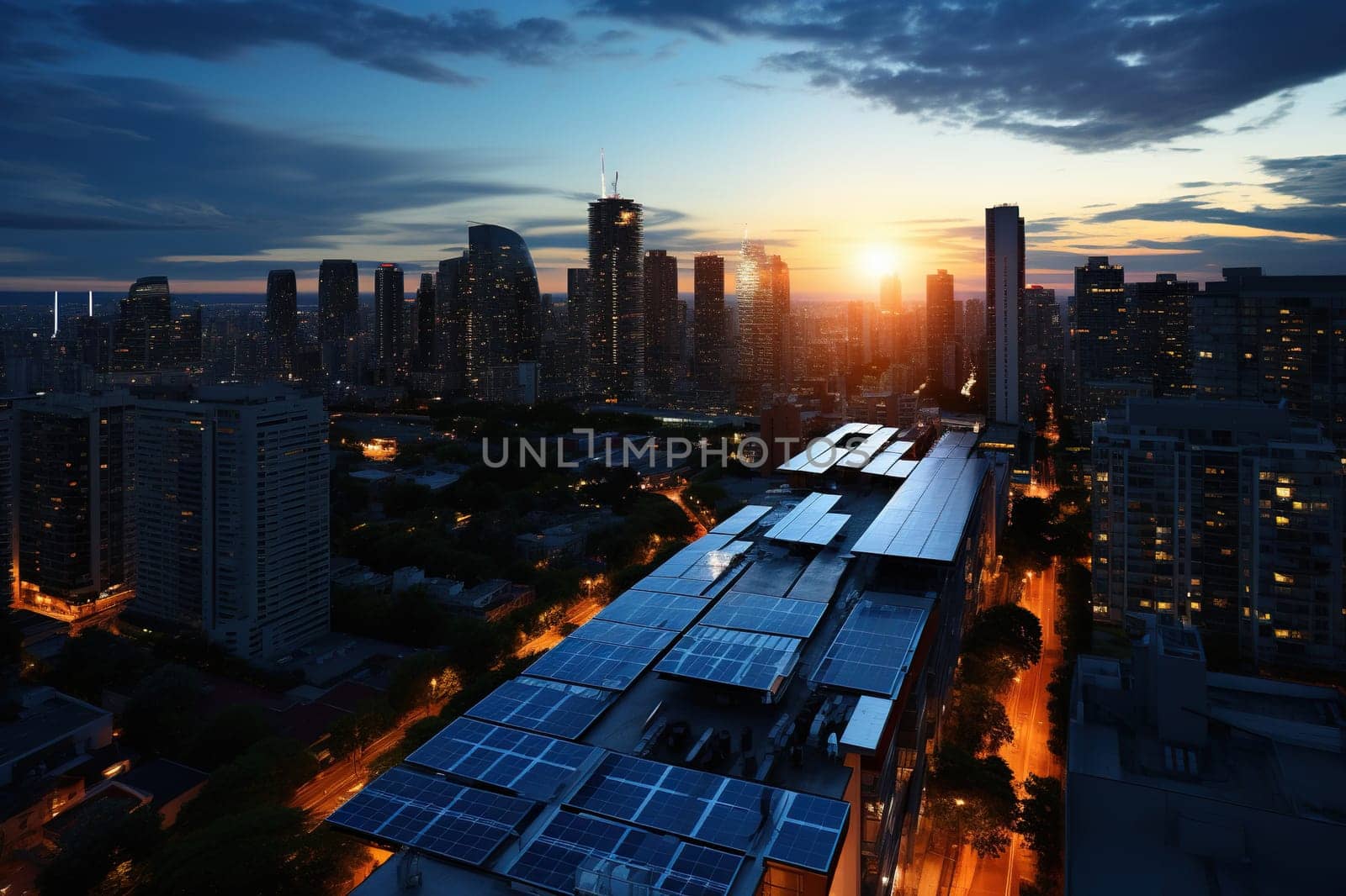 Solar panels on the roofs of houses in the city. Lighting using solar energy.