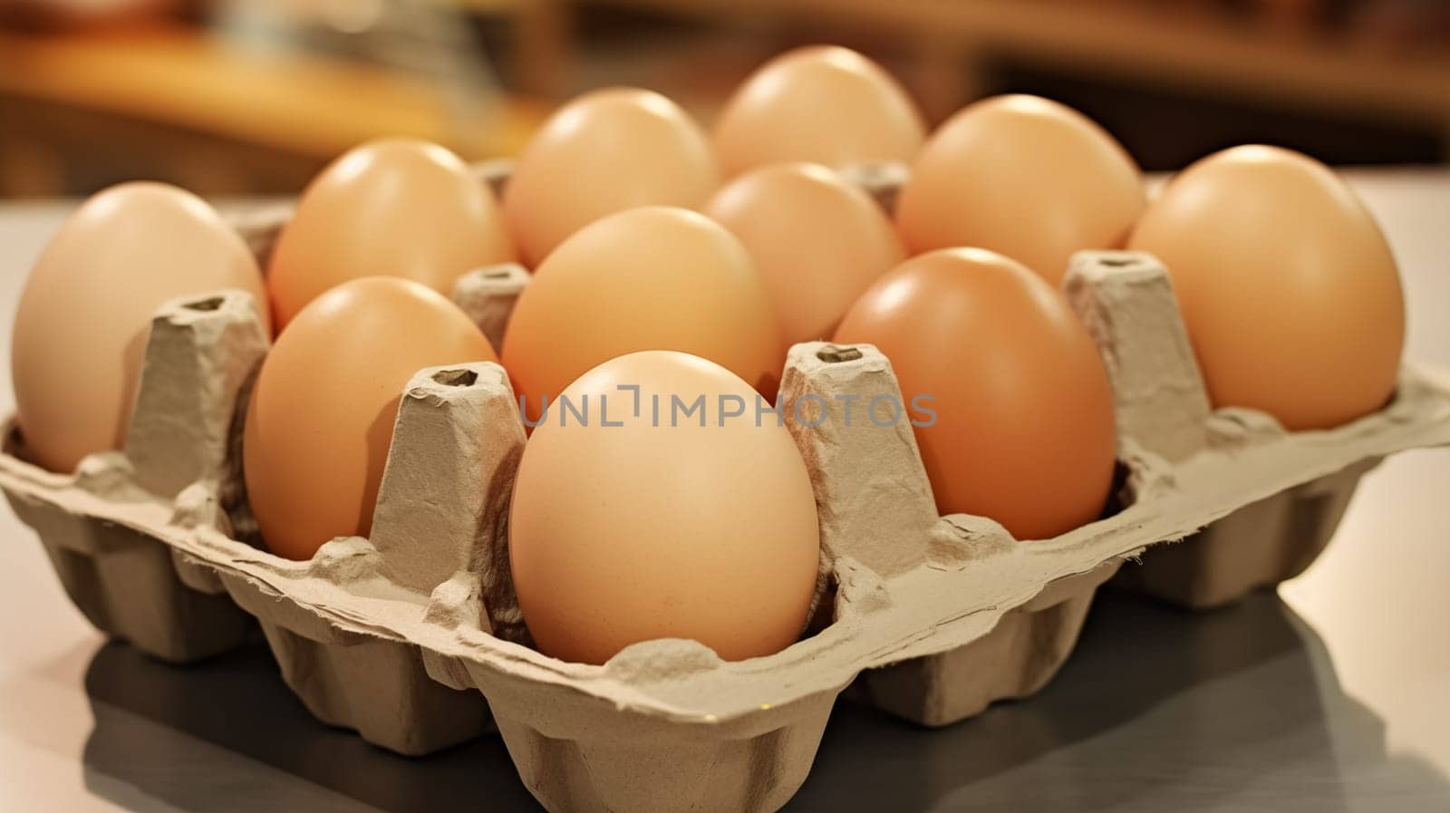 A gold eggs lie in a cardboard package on the table. Close up