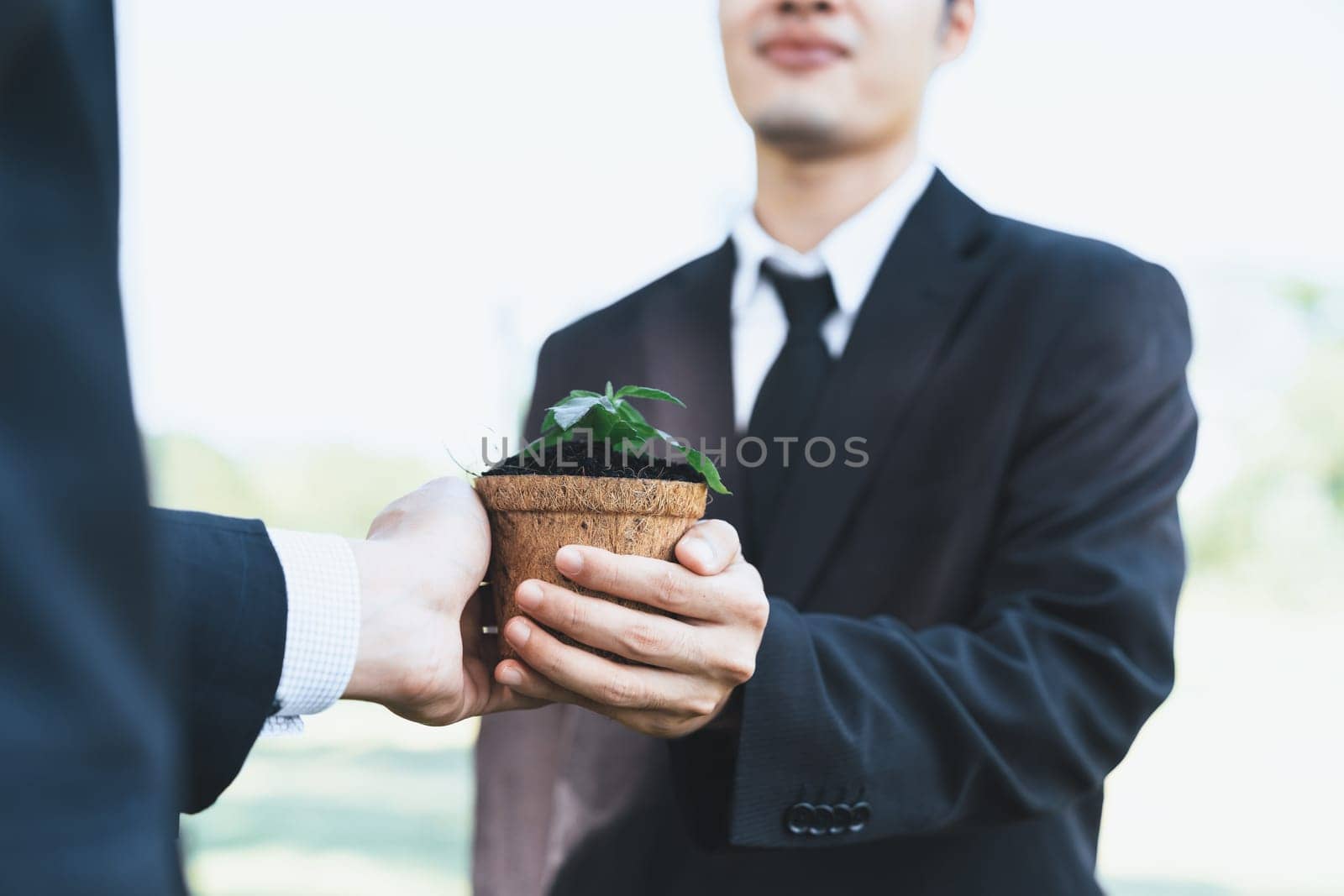 Confident business people holding plant as eco company commitment. Gyre by biancoblue