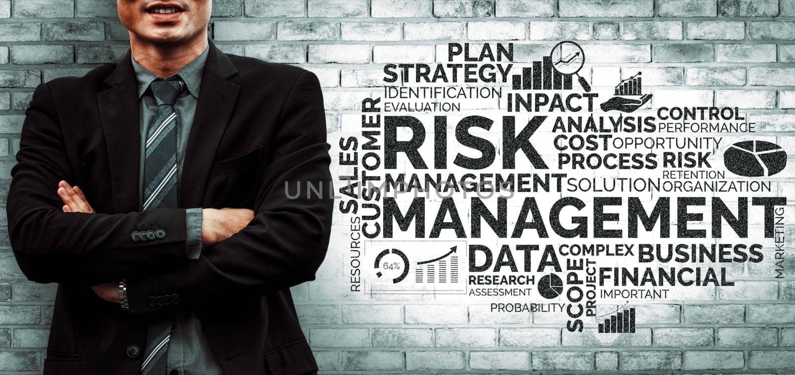 Risk Management and Assessment for Business Investment Concept. Modern interface showing symbols of strategy in risky plan analysis to control unpredictable loss and build financial safety. uds