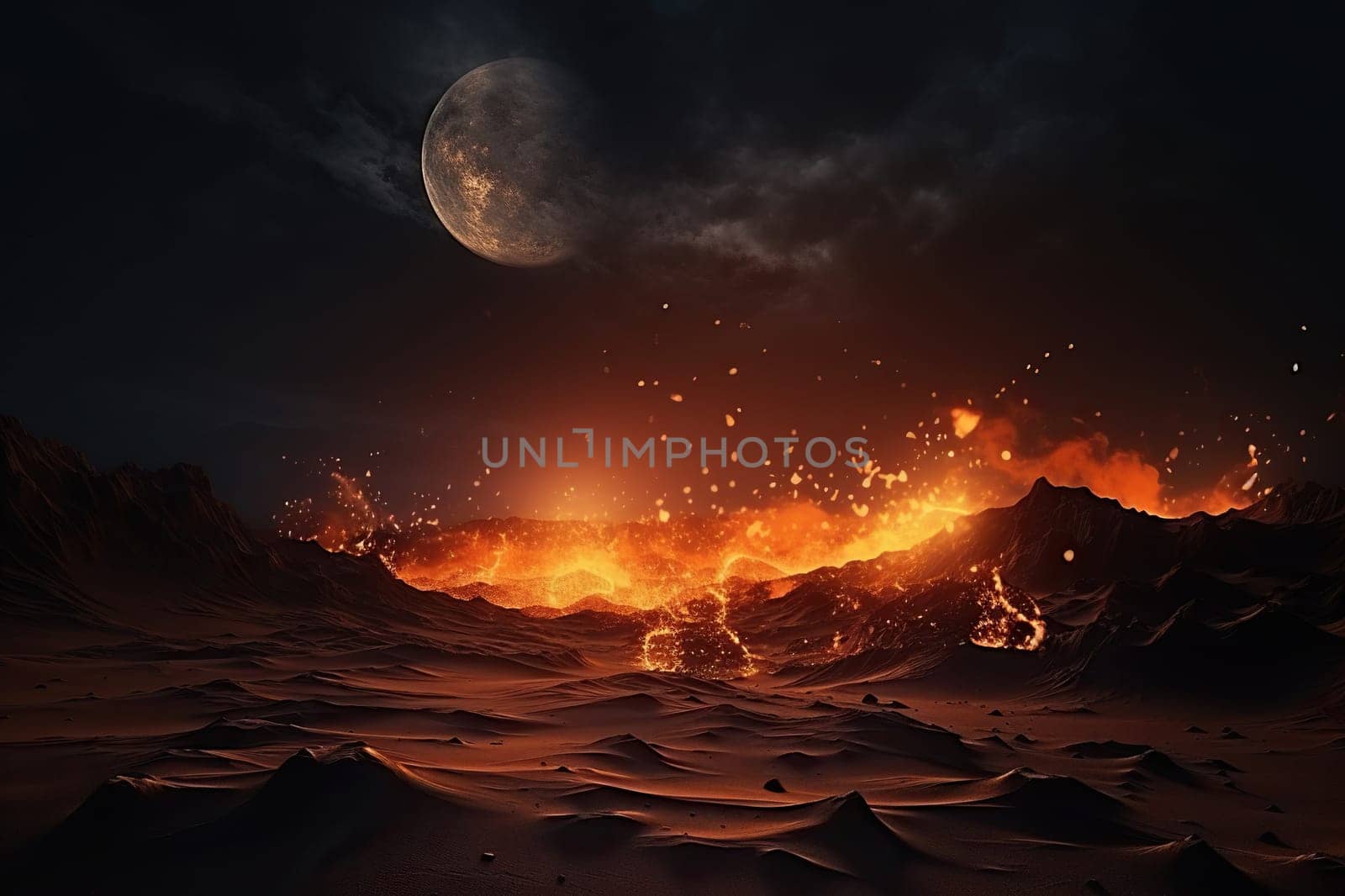 Night desert with fires on the sand in the light of a bright moon on a cloudy sky.