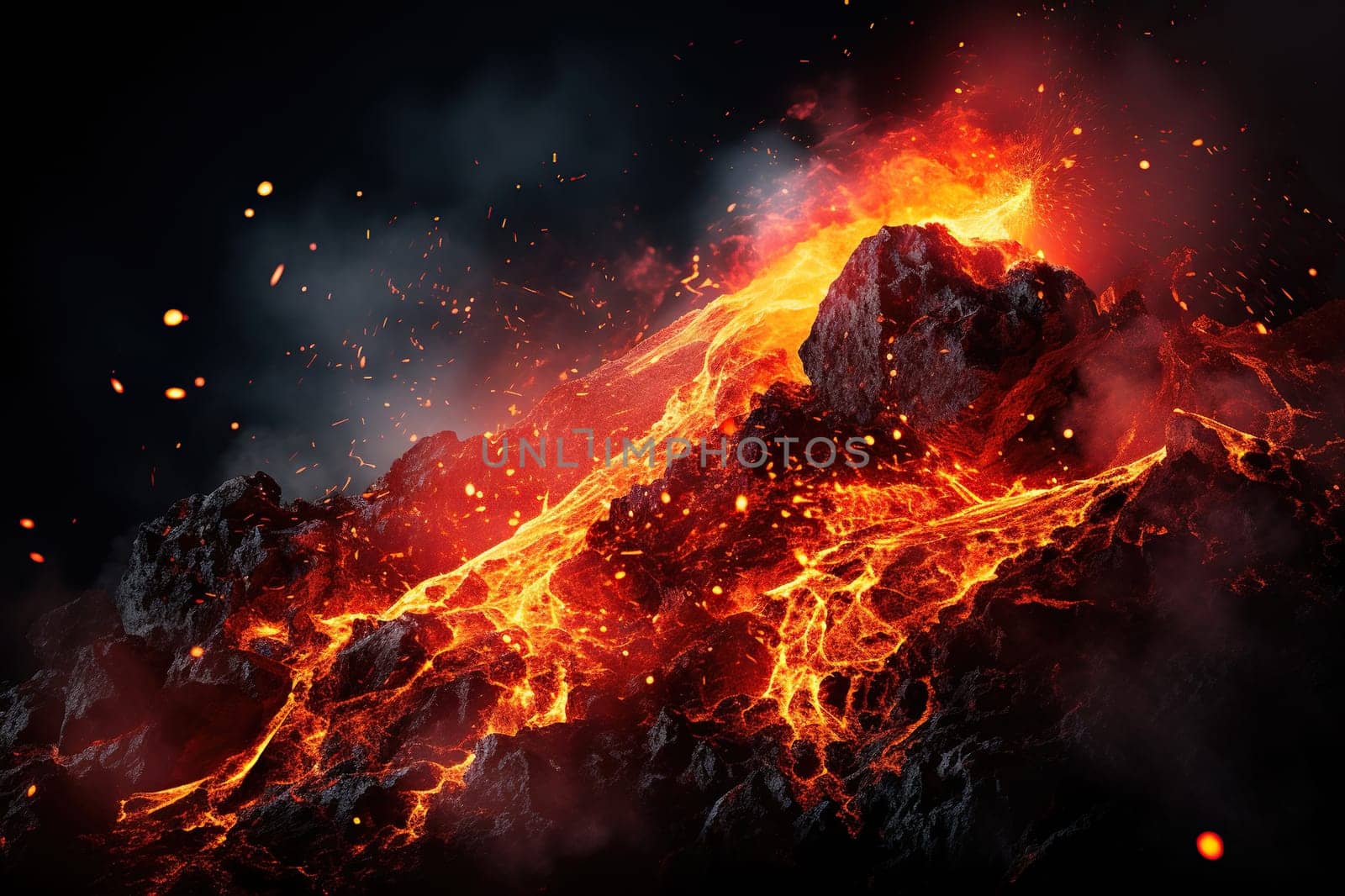 Eruption. Hot lava flows down the surface of the volcano. Generated by artificial intelligence by Vovmar