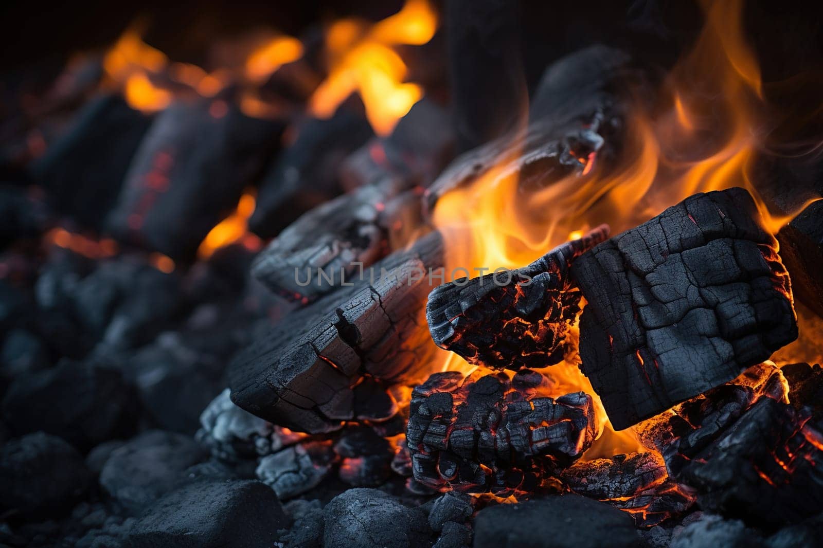Close-up of the dying flames of a fire. Smouldering coals.