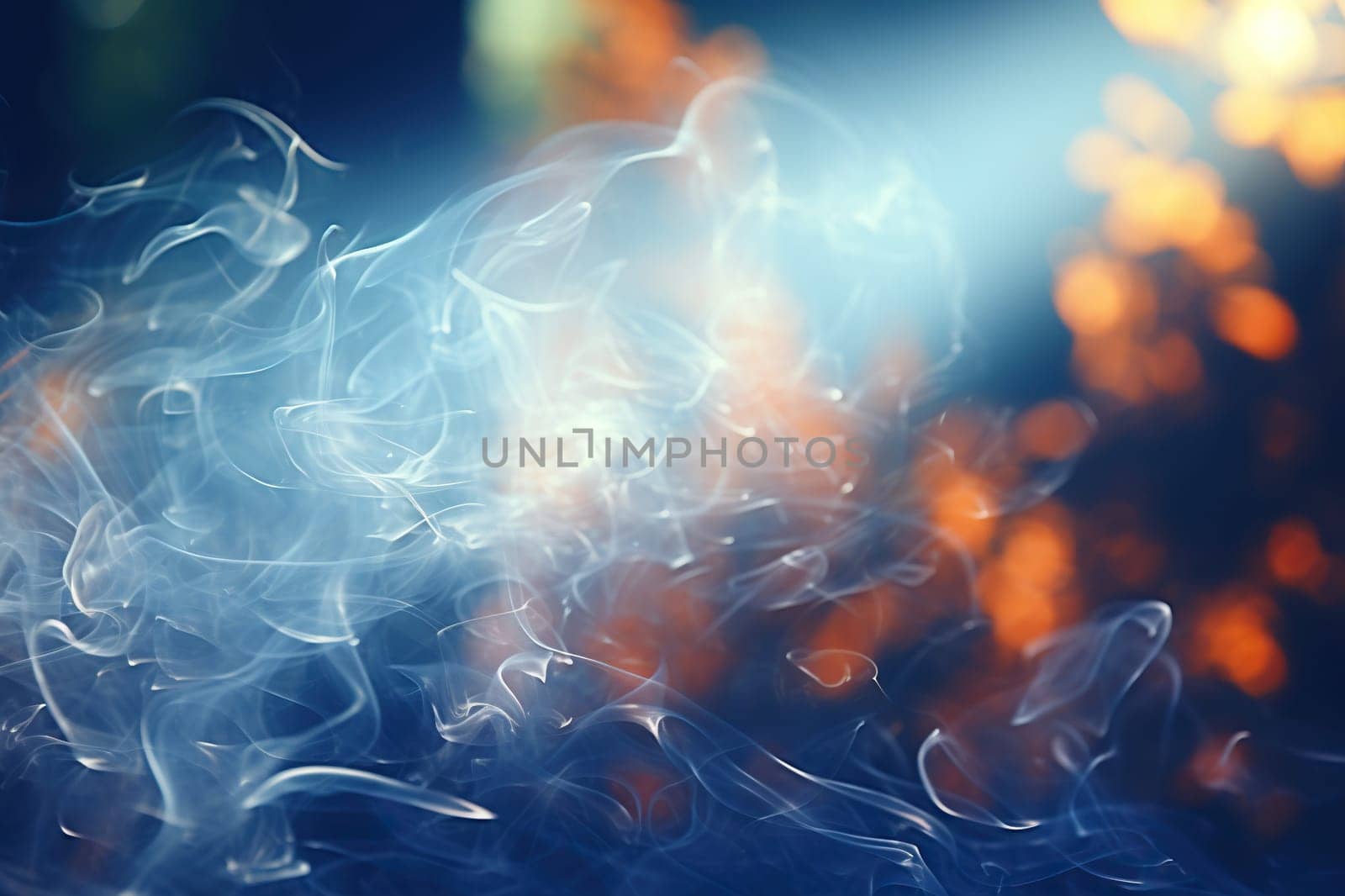Abstract background with puffs of smoke and golden bokeh. Generated by artificial intelligence by Vovmar