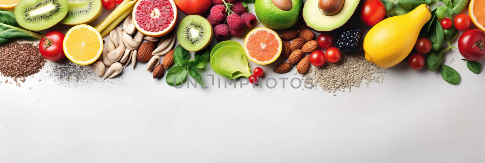 Panoramic wide organic healthy food background. Healthy vegan vegetarian food vegetables and fruits, copy space, banner. Food supermarket and clean vegan eating concept