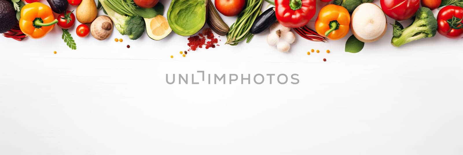 Panoramic wide organic healthy food background. Healthy vegan vegetarian food vegetables and fruits, copy space, banner. Food supermarket and clean vegan eating concept. by Angelsmoon