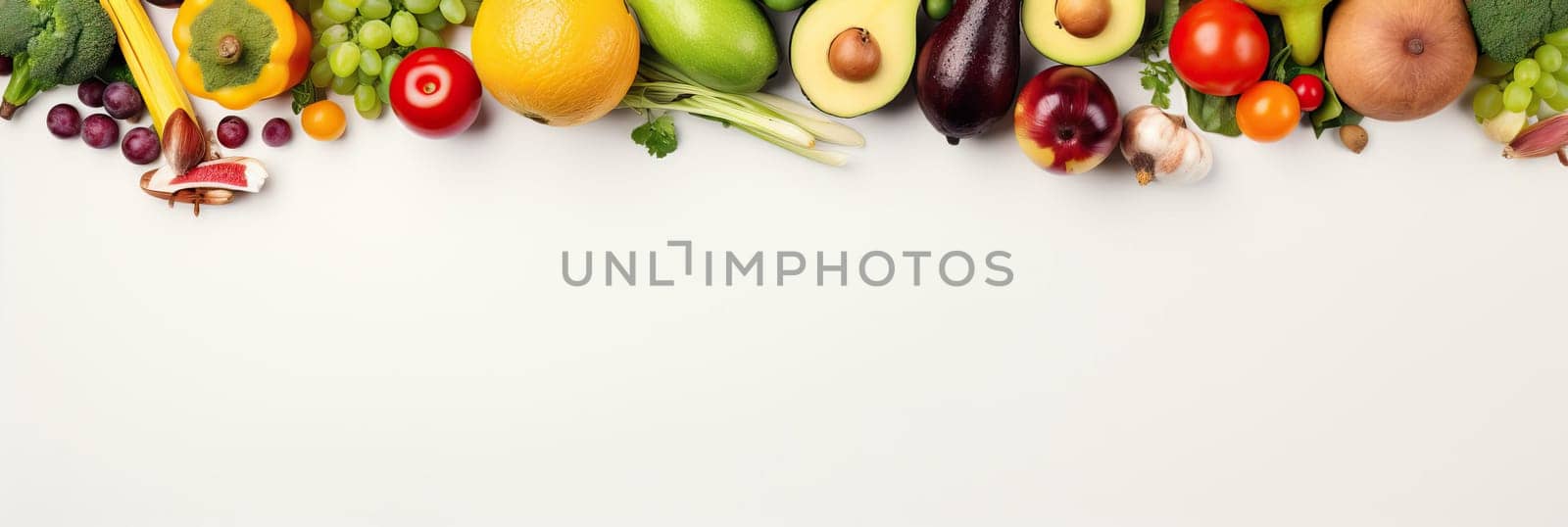 Panoramic wide organic healthy food background. Healthy vegan vegetarian food vegetables and fruits, copy space, banner. Food supermarket and clean vegan eating concept. by Angelsmoon