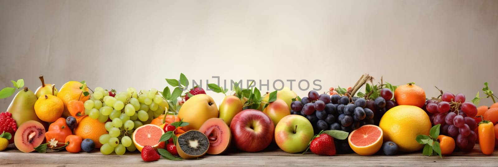 Panoramic wide organic healthy food background. Healthy vegan vegetarian food vegetables and fruits, copy space, banner. Food supermarket and clean vegan eating concept. by Angelsmoon