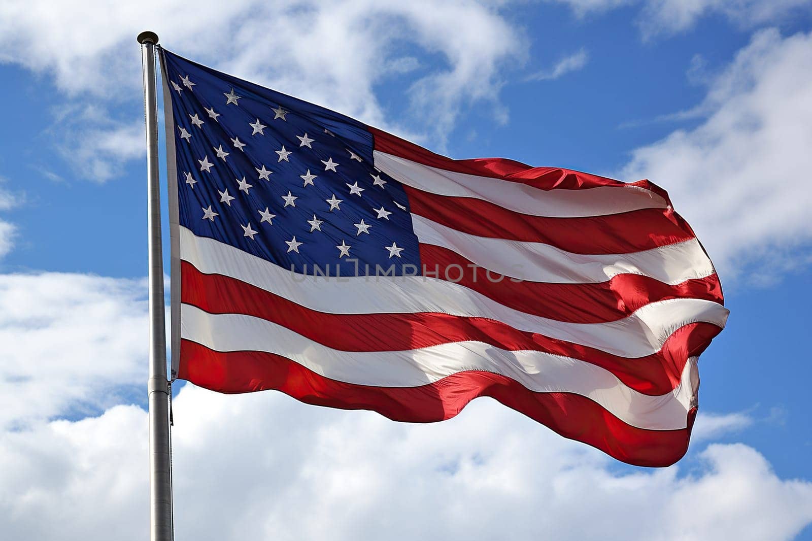 The US flag flutters in the wind in the blue sky.