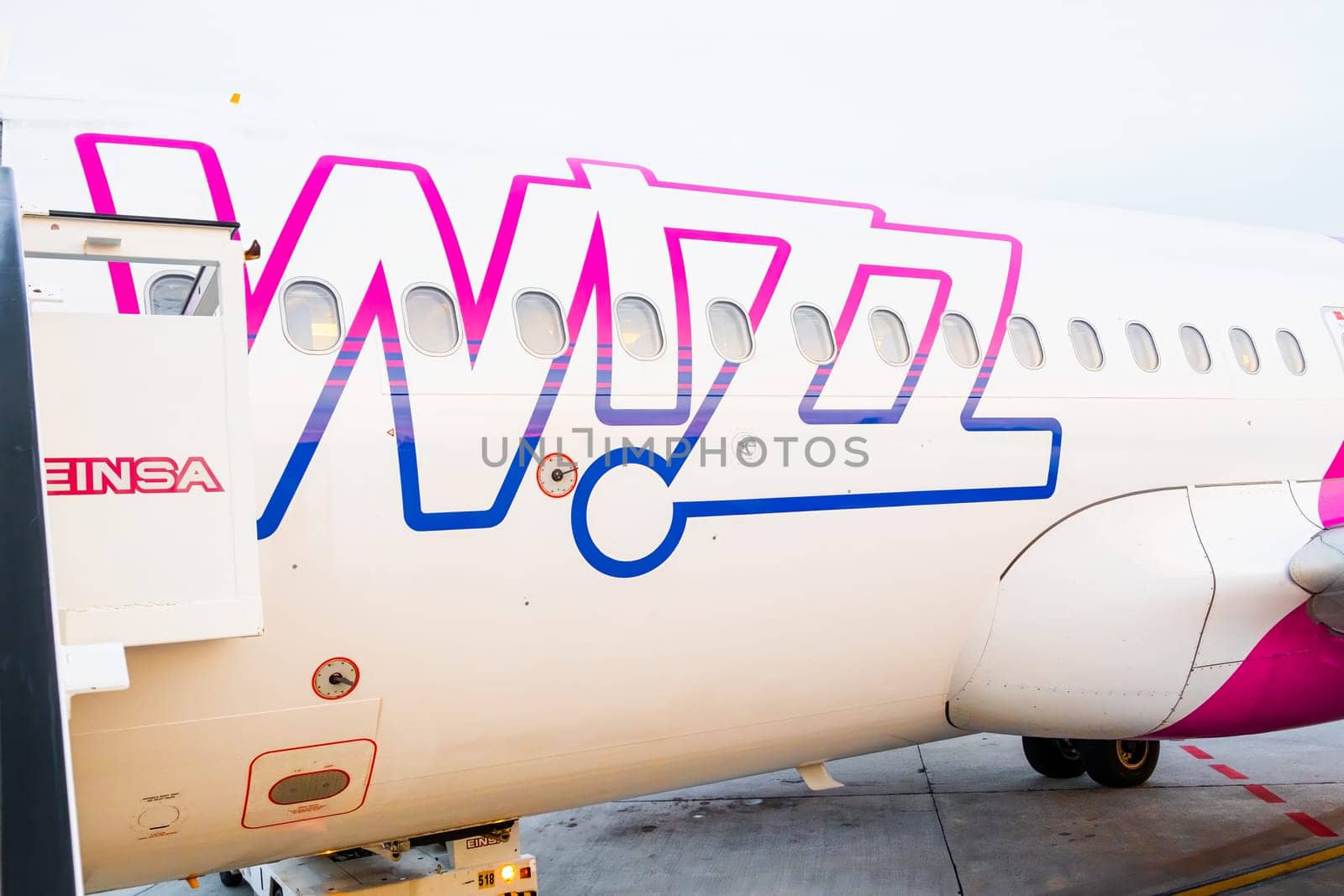 Wizzair airplane is ready to board people, January 2024, Prague, Czech Republic