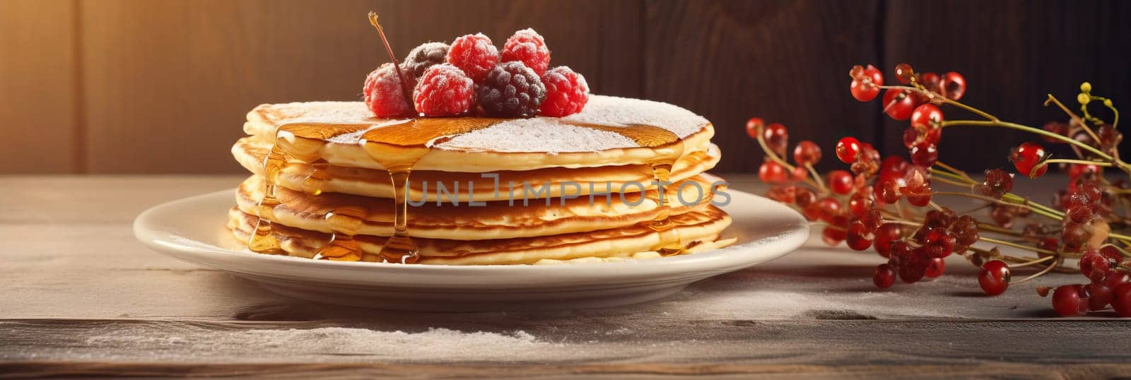 Stack of pancakes with berries. Advertising banner, web banner. Lush delicious pancakes with blueberries, raspberries and syrup for homemade breakfast. Lifestyle concept of food, cooking. Copy space