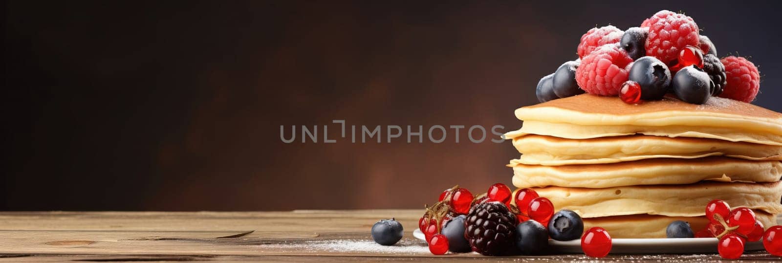 Stack of pancakes with berries. Advertising banner, web banner. Lush delicious pancakes with blueberries, raspberries and syrup for homemade breakfast. Lifestyle concept of food, cooking. Copy space