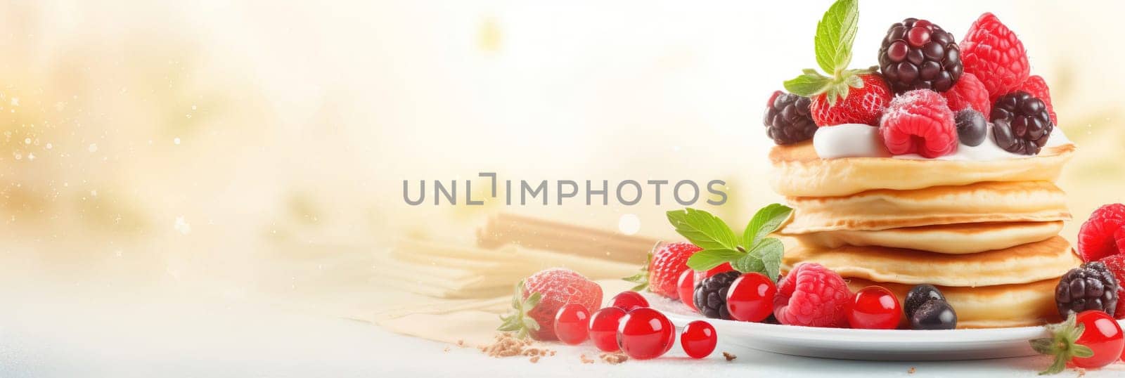 Stack of pancakes with berries. Advertising banner, web banner. Lush delicious pancakes with blueberries, raspberries and syrup for homemade breakfast. Lifestyle concept of food, cooking. Copy space