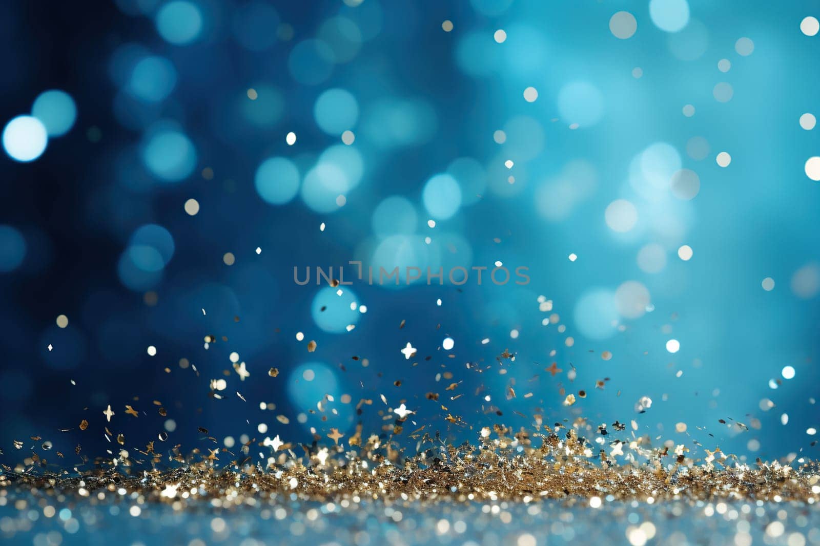 Golden shimmering sparkles against a blue bokeh background. Beautiful festive background.