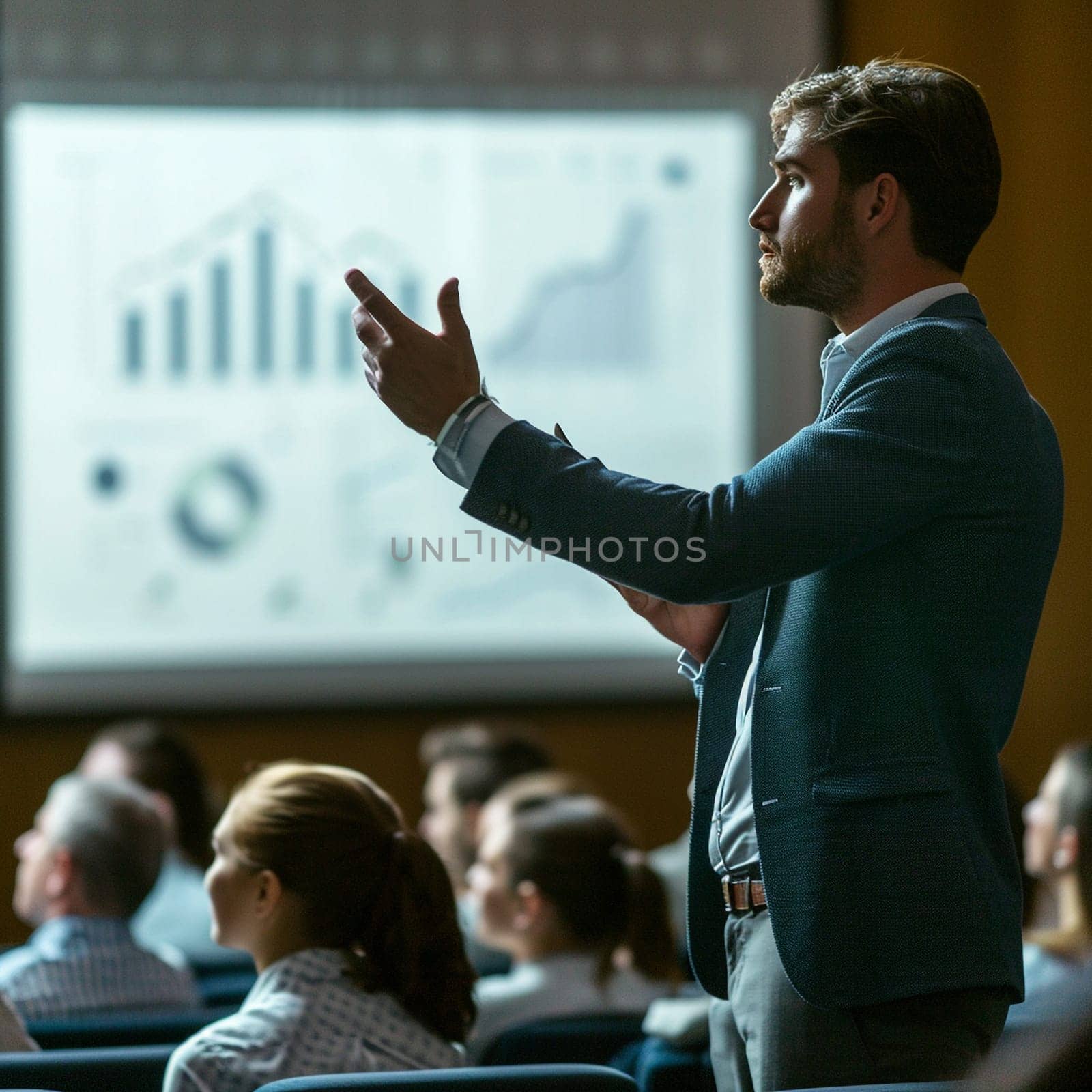 The speaker stands at the blackboard giving a lecture. High quality photo