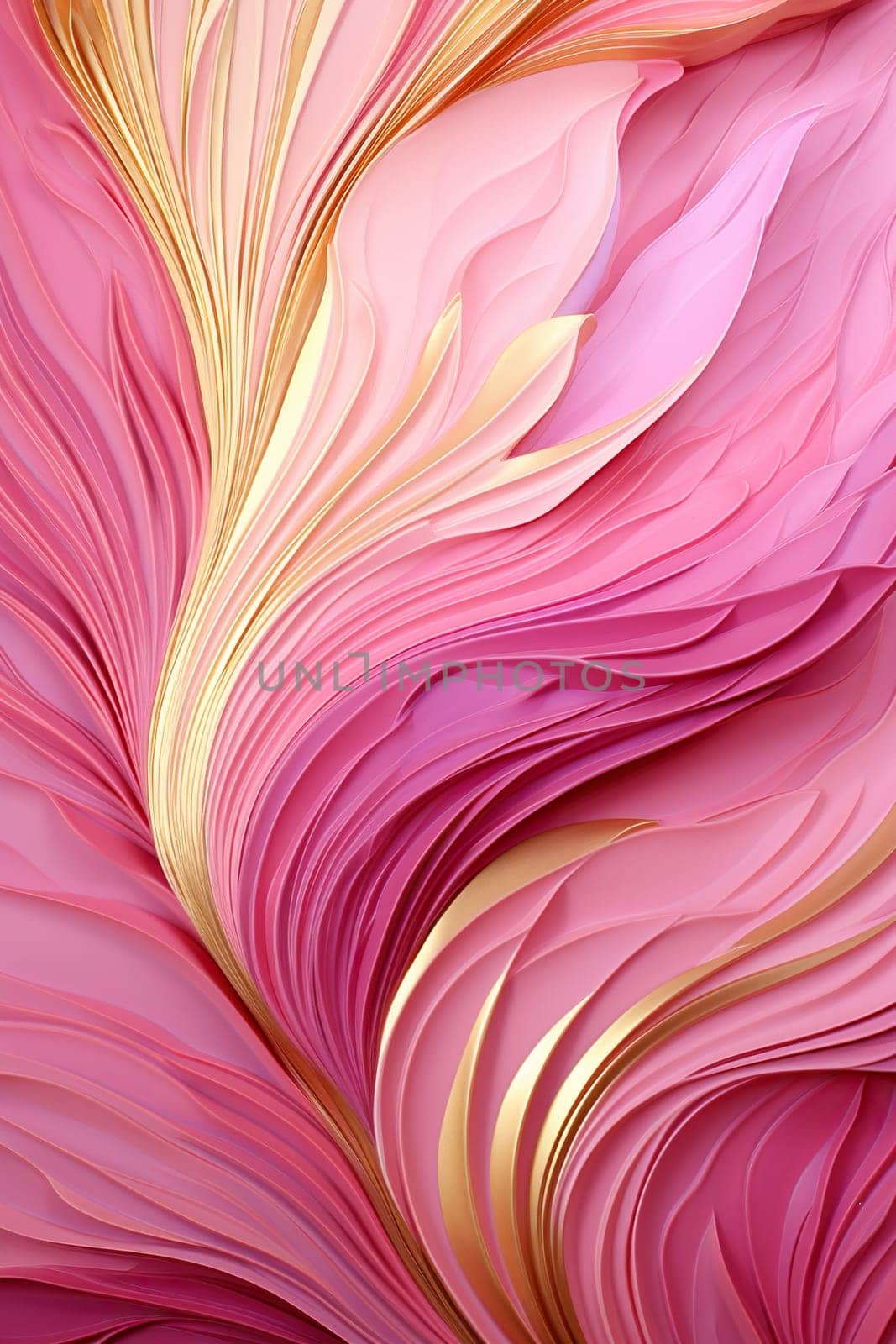 Vertical background with pink and gold feather pattern.