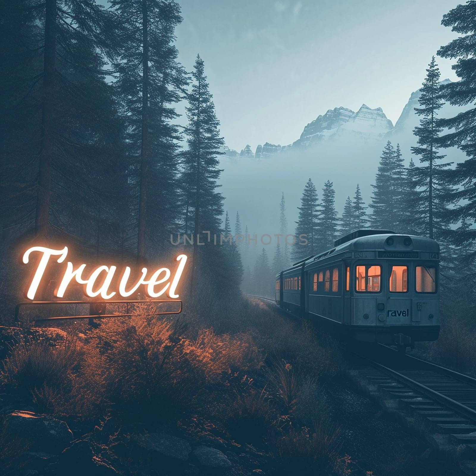 A beautiful travel logo with a train in the forest. High quality illustration