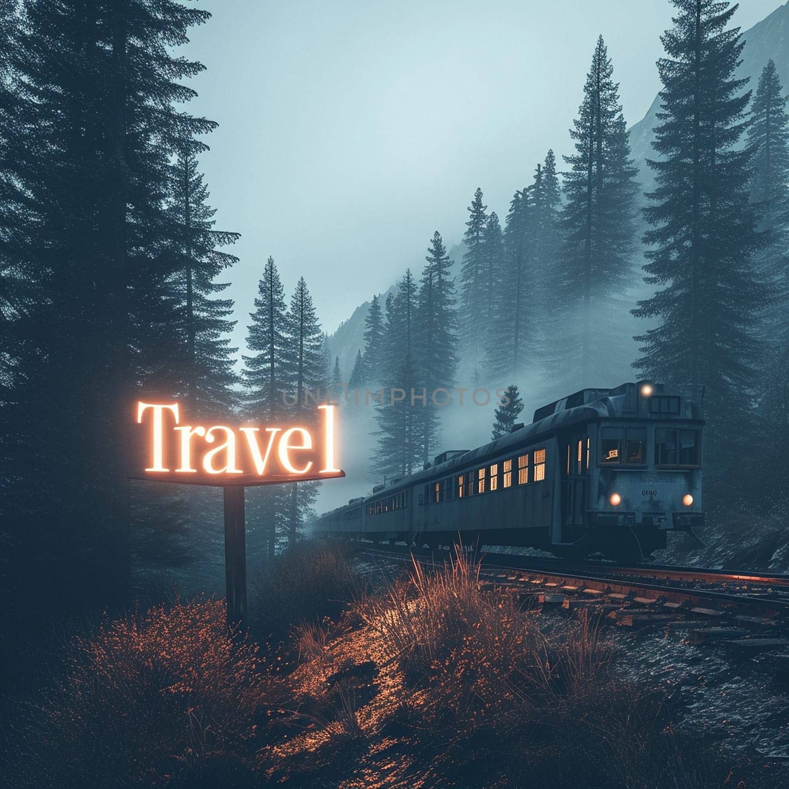 A beautiful travel logo with a train in the forest. High quality illustration