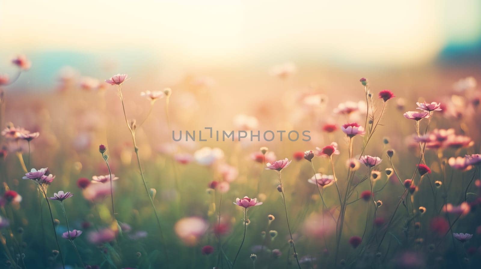 wildflowers on a meadow - Shallow depth of field. Warm summer evening with a prairie in the sunset light - generative AI