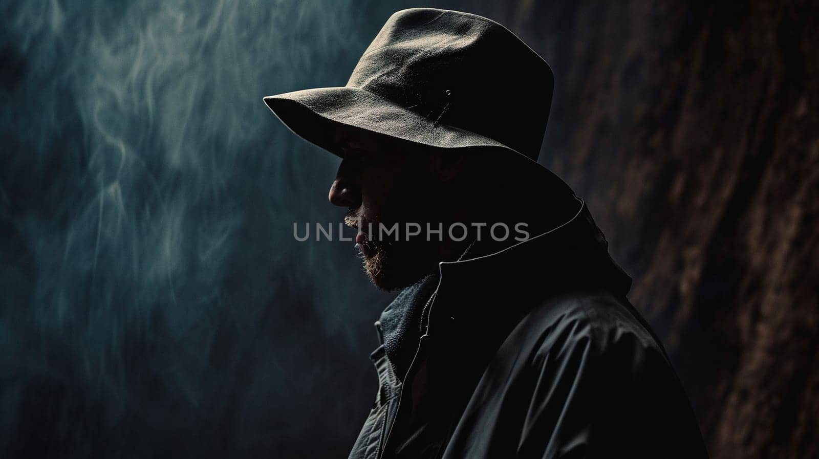 The mysterious man in the noir hat. High quality photo