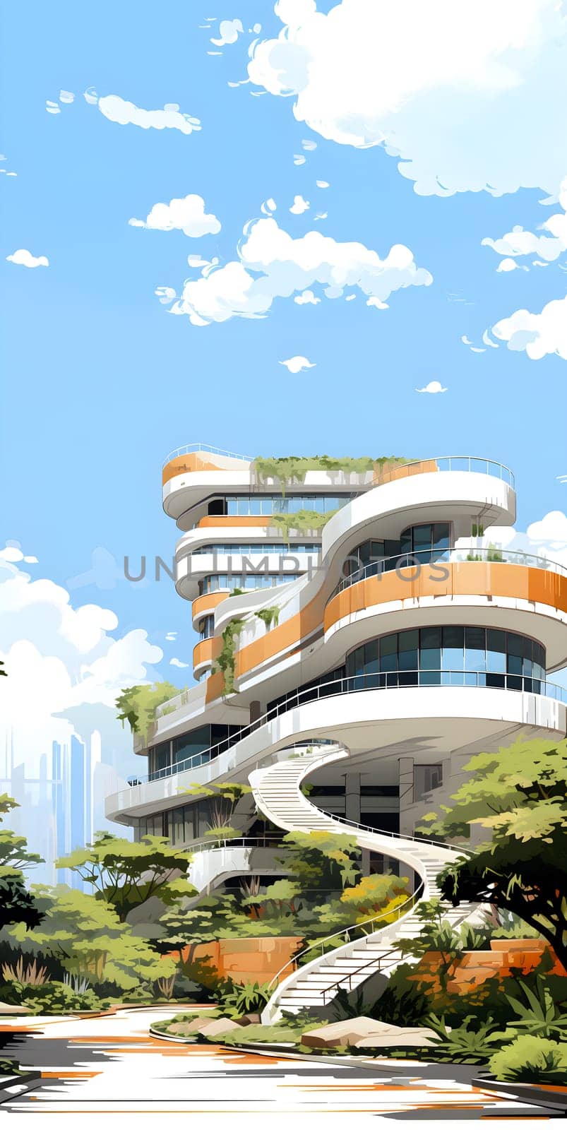 Amidst a concrete jungle, a spiraling staircase leads to the sky, as lush trees and puffy clouds paint a natural escape on the side of the modern city building