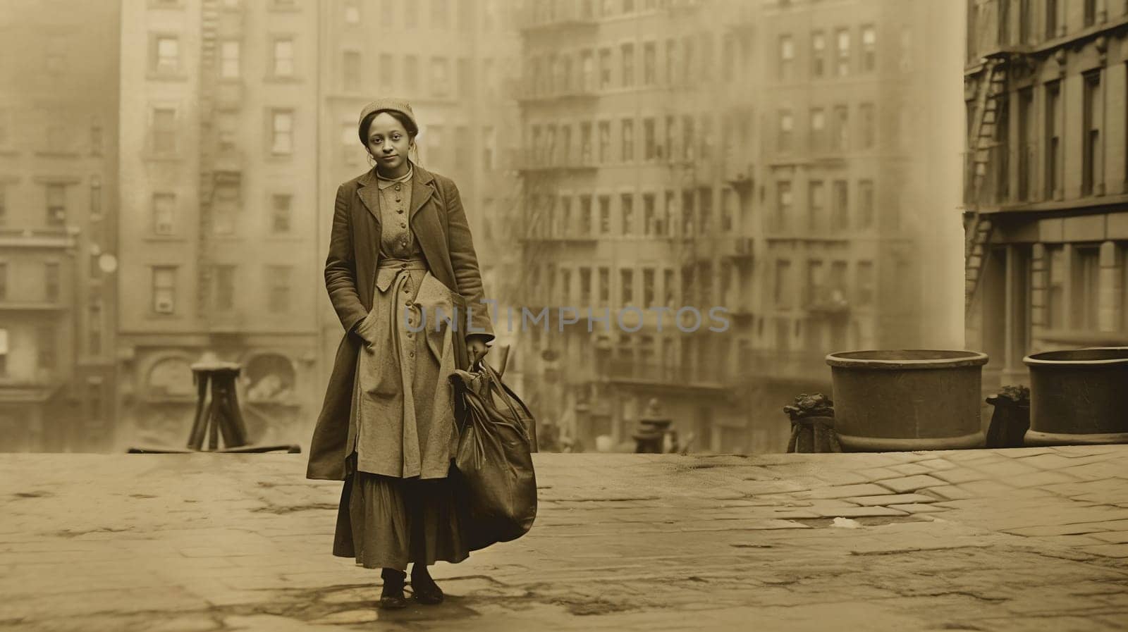 Sepia-toned image of a woman from the early 1900s standing in an urban landscape - Generative AI