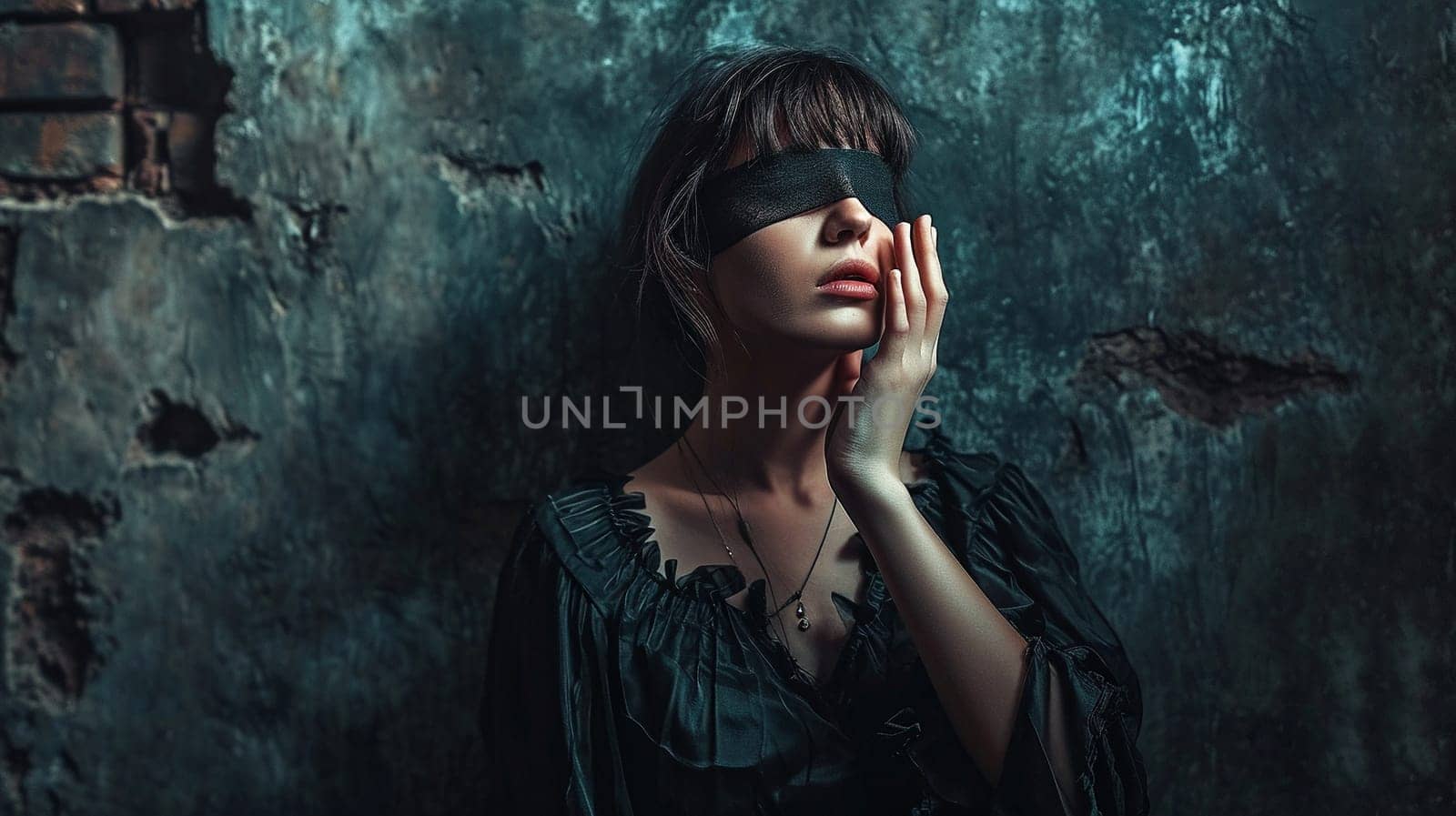 A girl with a blindfold is groping in the dark. Abstract symbolism. High quality illustration