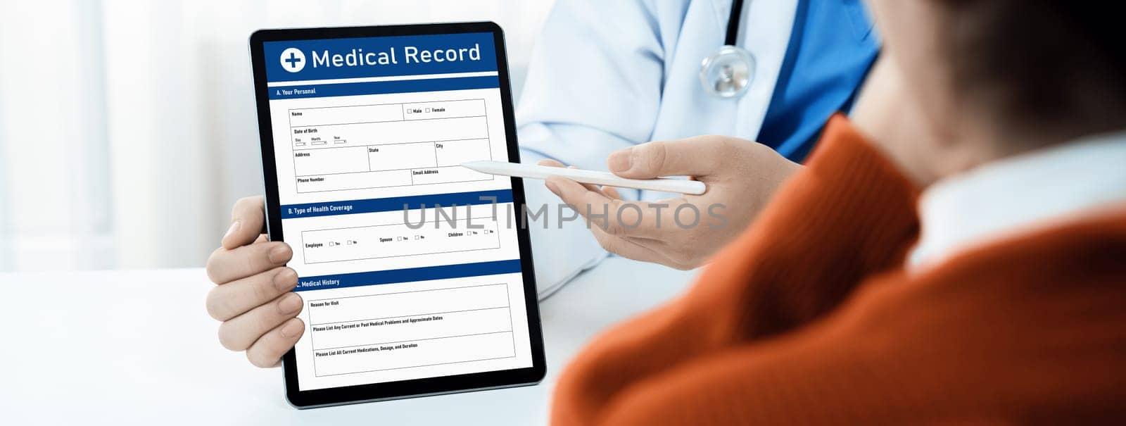 Laptop display medical report on blurred doctor office. Rigid by biancoblue