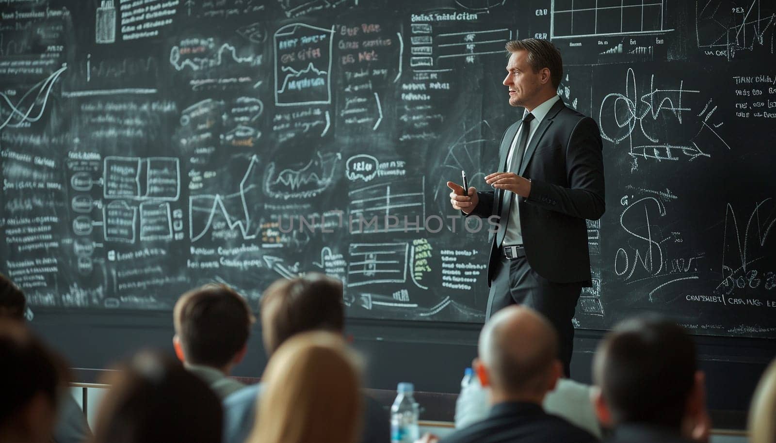 The speaker stands at the blackboard giving a lecture. High quality photo