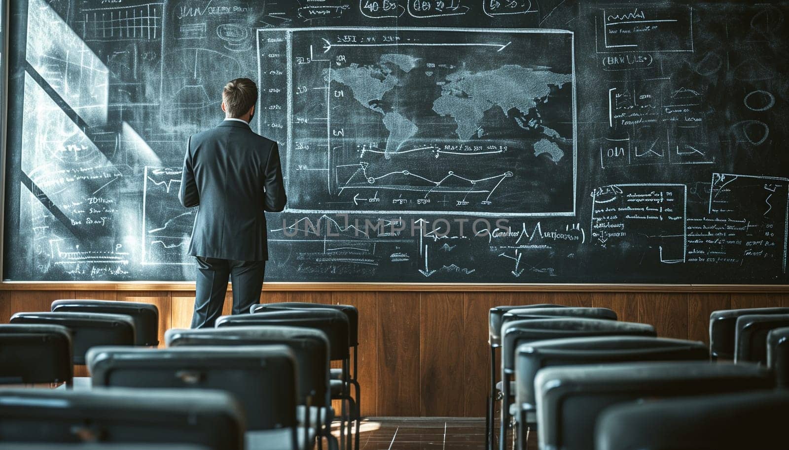 A man is thinking in front of a blackboard . High quality illustration