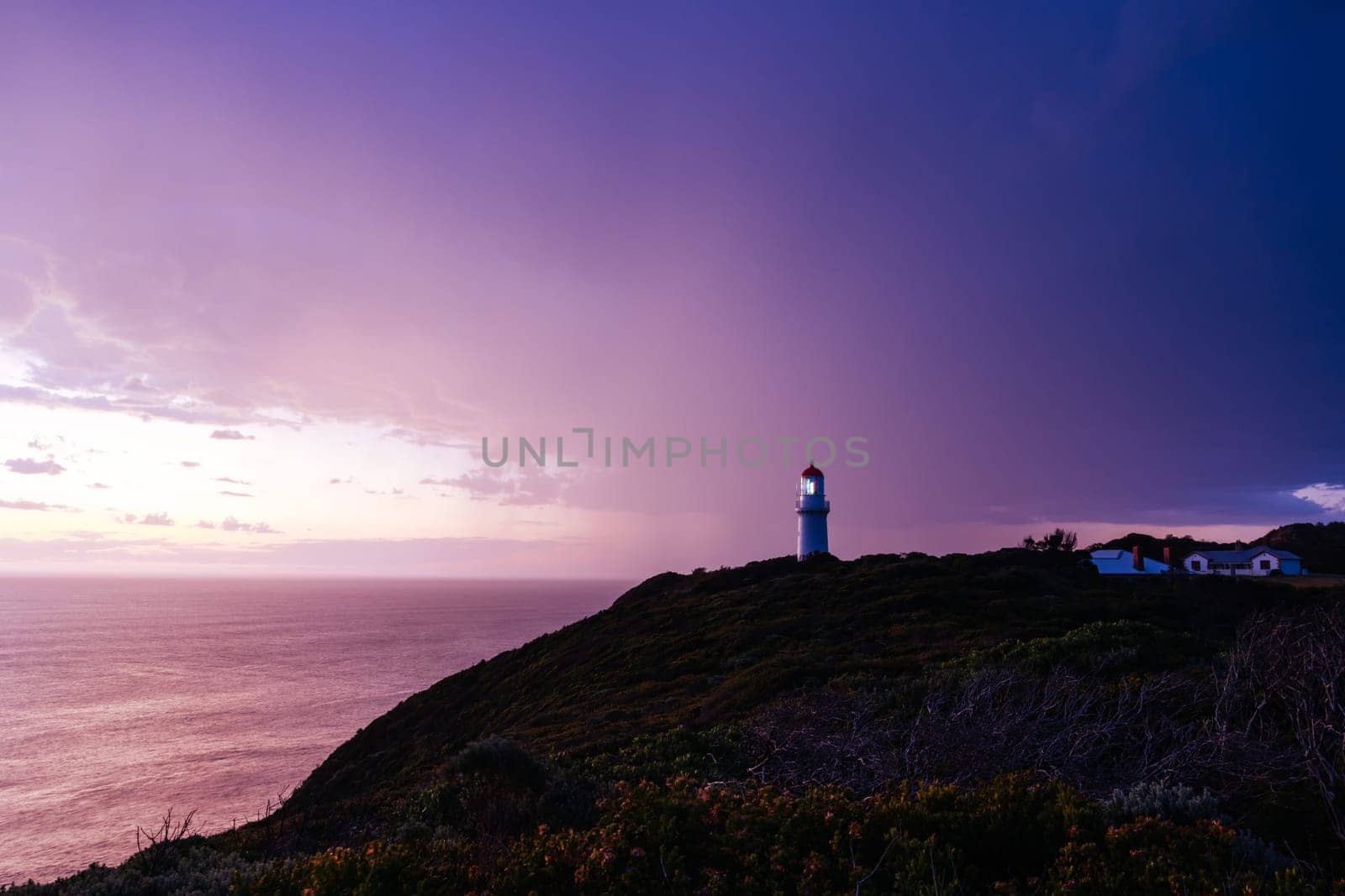 Cape Schanck Lighthouse Reserve during an intense thunderstorm at dusk on the Mornington Peninsula in Victoria, Australia