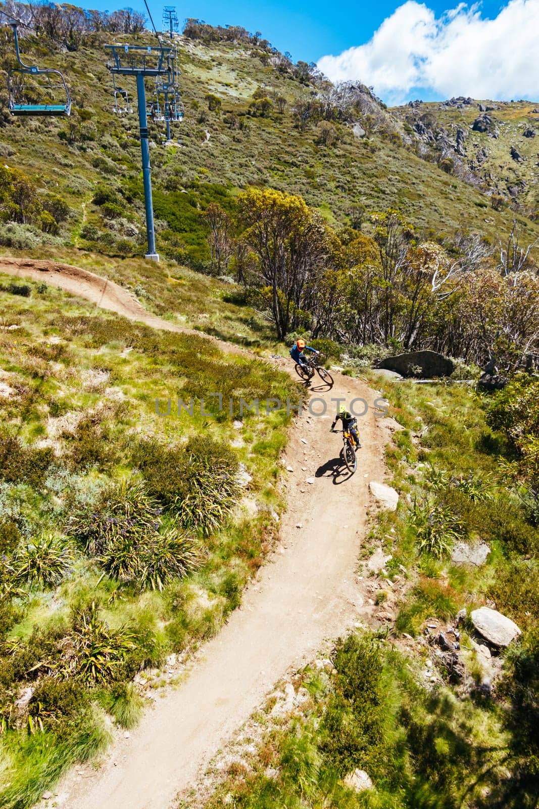 THREDBO, AUSTRALIA - DECEMBER 15 2023: Mountain bikers descend down Thredbo on a warm summer's day in the Snowy Mountains, New South Wales, Australia