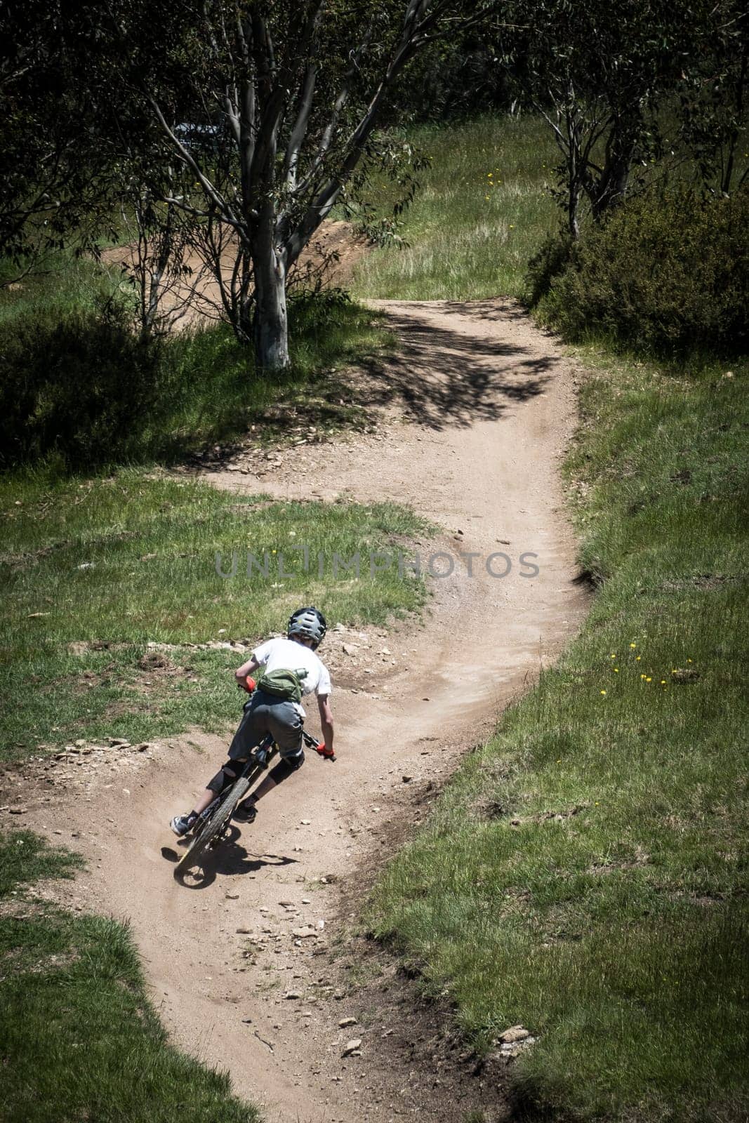 THREDBO, AUSTRALIA - DECEMBER 15 2023: Mountain bikers descend down Thredbo on a warm summer's day in the Snowy Mountains, New South Wales, Australia