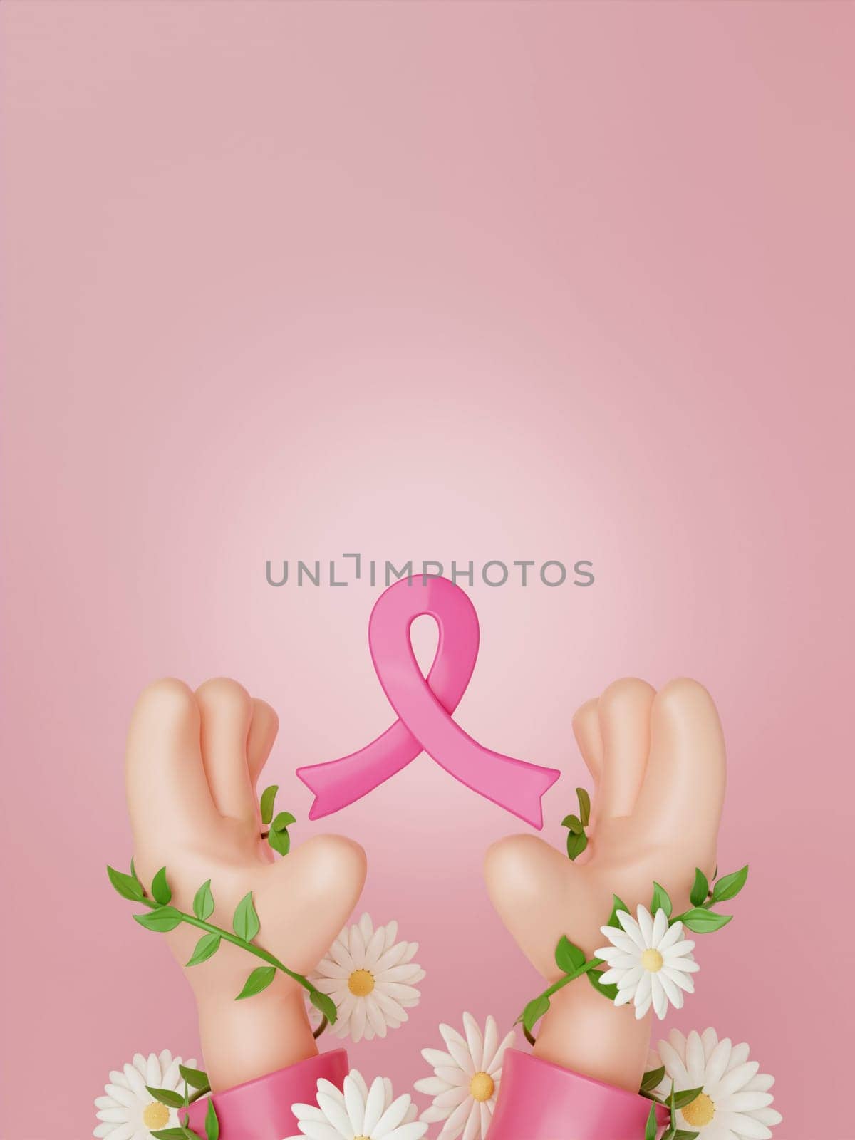 Cartoon hands holding 3d pink ribbon for symbolic of encourage breast cancer awareness. 3d render illustration..