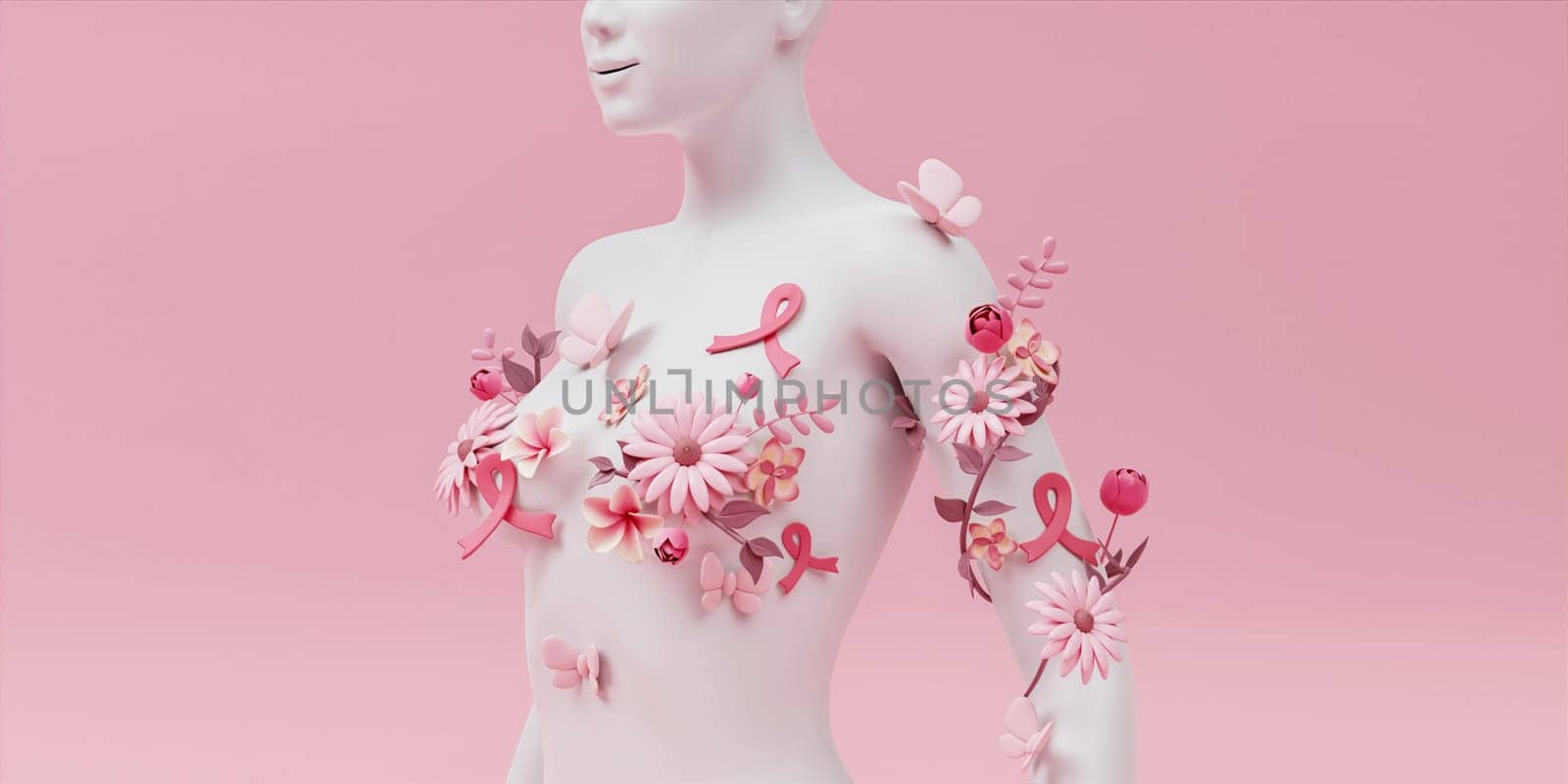 3d render, female bust, white mannequin covered with colorful paper flowers, woman silhouette isolated on pink background. Breast cancer support. Floral fashion concept. Modern botanical sculpture by meepiangraphic