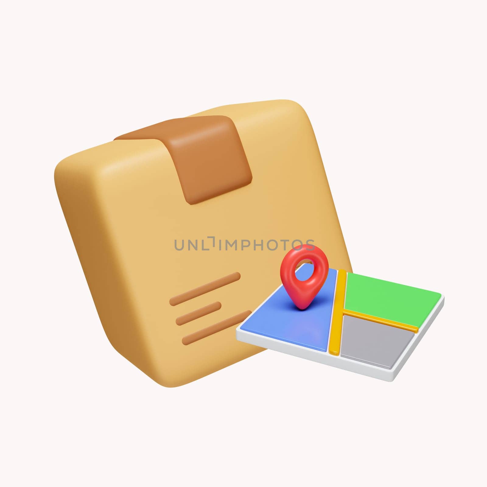 3d location pointer pin marker and box packing. online delivery shipping track. online order shopping service. icon isolated on white background. 3d rendering illustration. Clipping path..