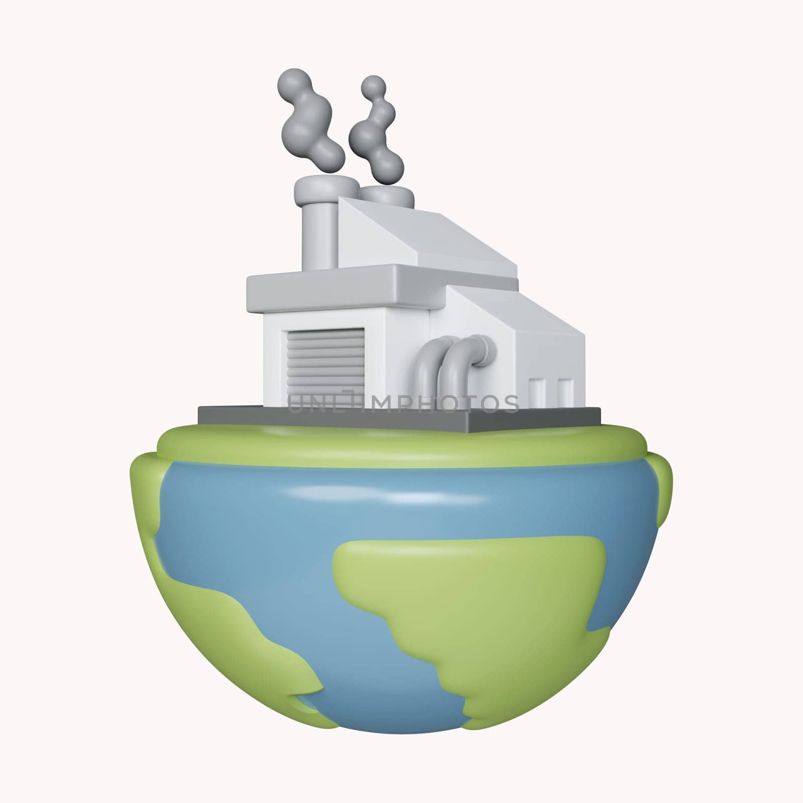 3d Globe Industrial factory. Renewable pollution resources. icon isolated on white background. 3d rendering illustration. Clipping path..