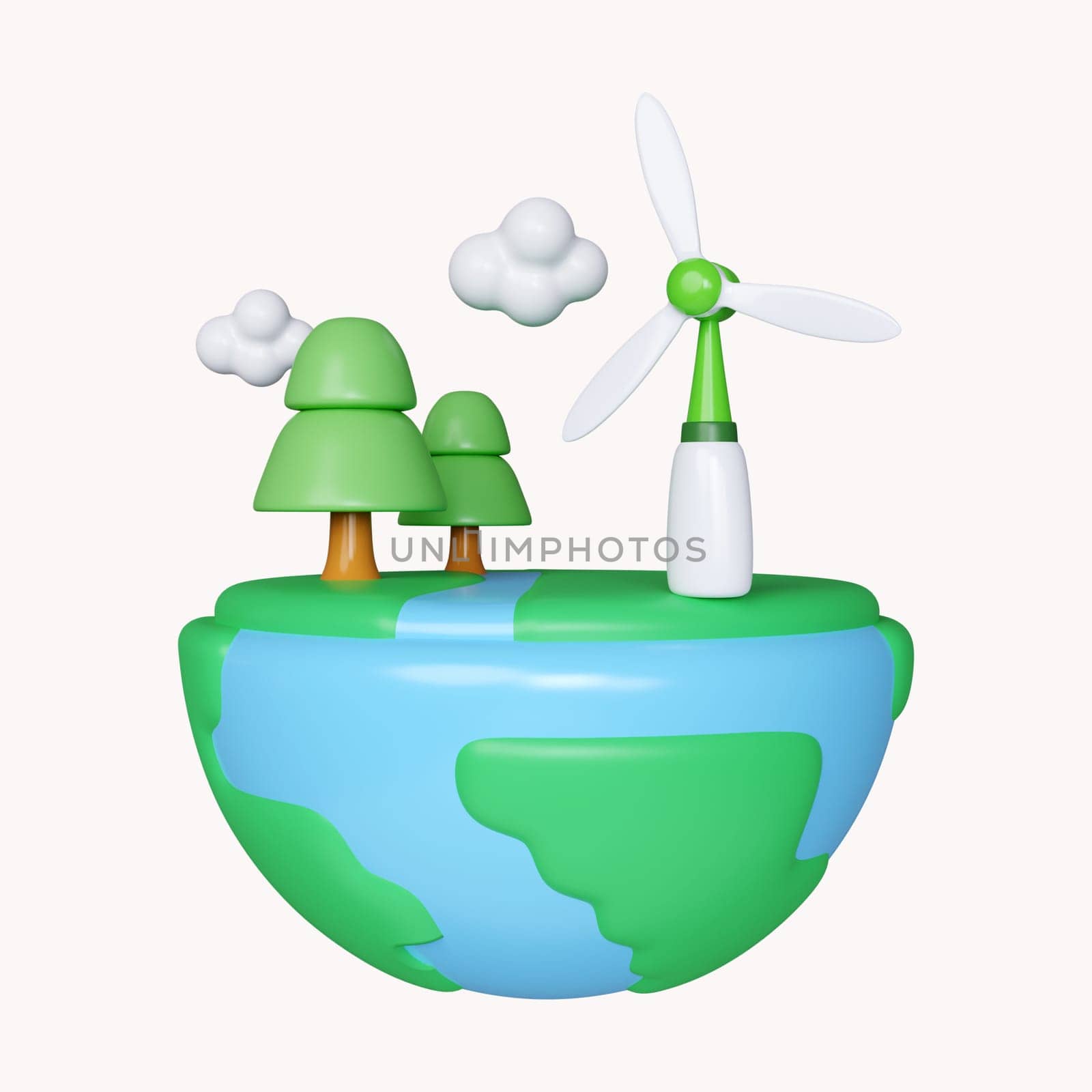 3d Globe tree and windmill. Earth Day Save World Environment icon concept. icon isolated on white background. 3d rendering illustration. Clipping path. by meepiangraphic